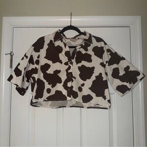 Good Luck Gem Cow Print Button Down Crop Top